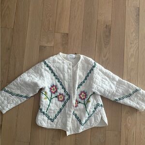 Zara White Quilted Jacket with Pink & Green Flower Embroidery